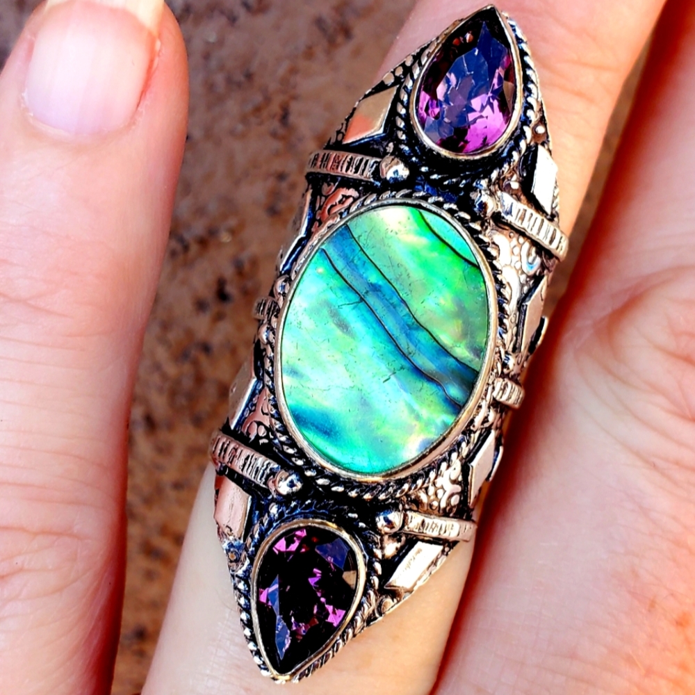New Abalone Shell & Amethyst 925 Silver Ring.